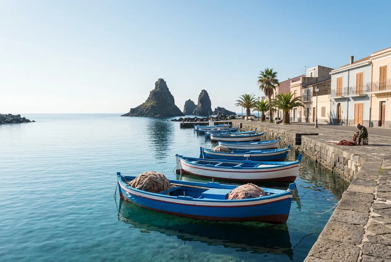 Blue and white fishing boats at the stone quay of Aci Trezza, with basalt sea stacks