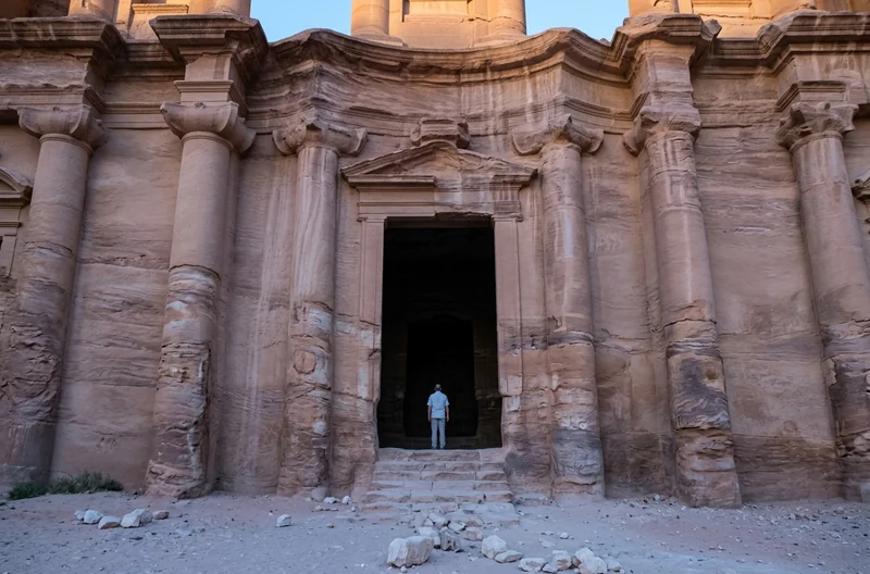 One visitor standing in the tall carved doorway of Ad Deir, the Monastery at Petra