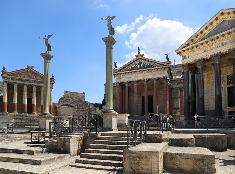 Temples and columns of the permanent Ancient Rome set at Cinecittà studios