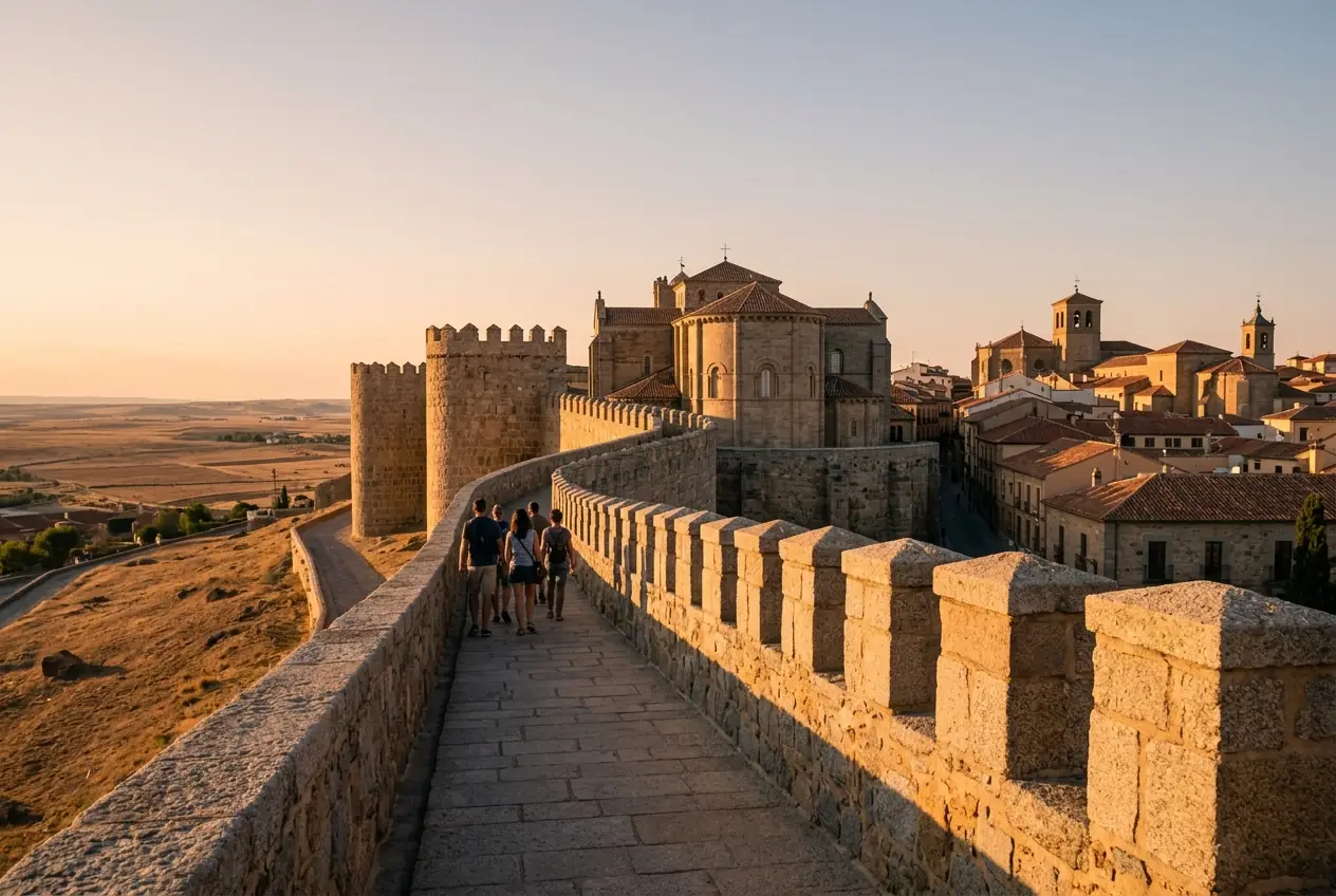 Four travelers walking along the medieval granite walls of Ávila at sunset