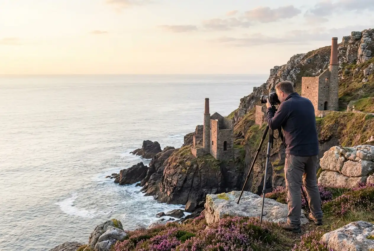 A photographer with a tripod on the heather cliffs above the old mines at Botallack, Cornwall