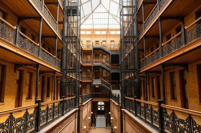 Iron railings, open elevator shafts and the glass skylight of the Bradbury Building atrium