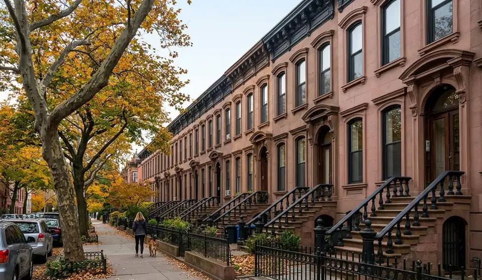 Brownstone houses with iron stoop railings on a tree-lined Brooklyn street in autumn