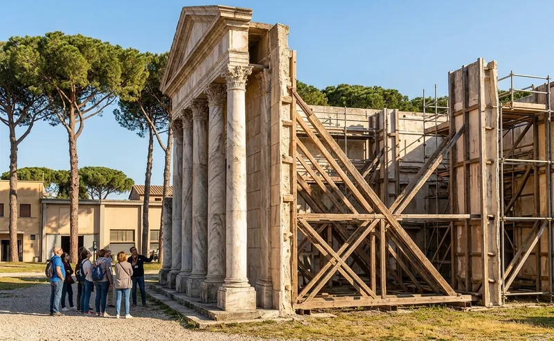 A guided group looking at a columned temple facade on the Cinecittà backlot in Rome