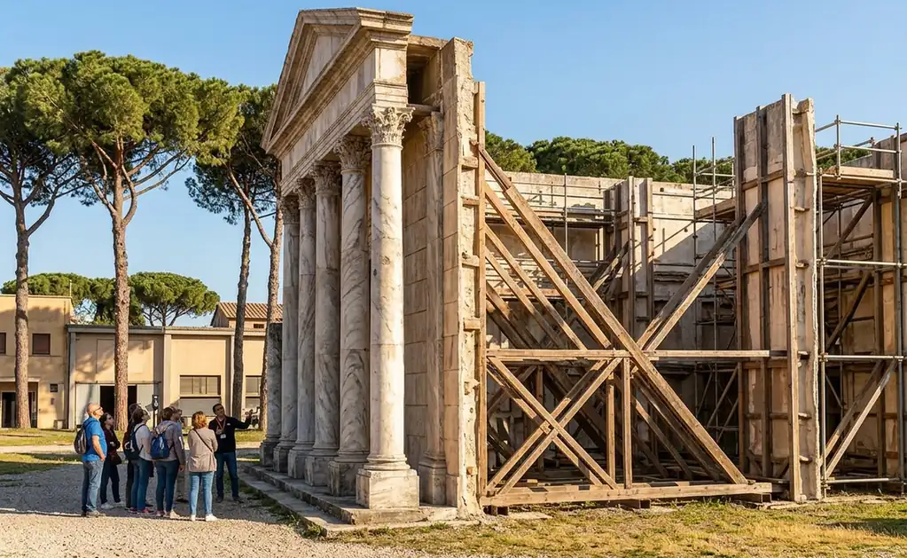 A guided group looking at a columned temple facade on the Cinecittà backlot in Rome