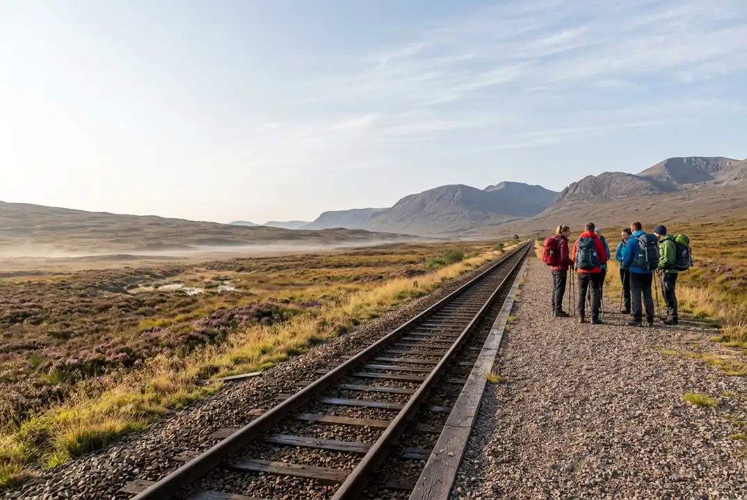Walkers with backpacks waiting on the moorland platform of Corrour station on Rannoch Moor