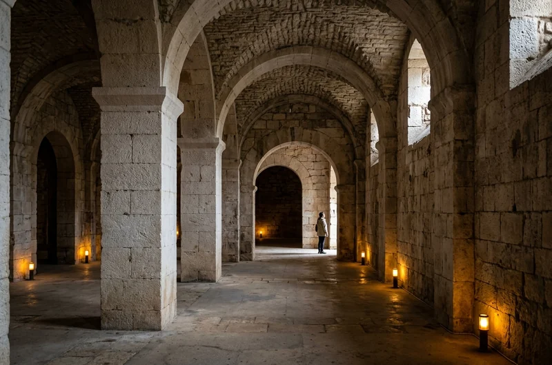 Stone pillars and arched vaults in the lamplit cellars of Diocletian's Palace in Split