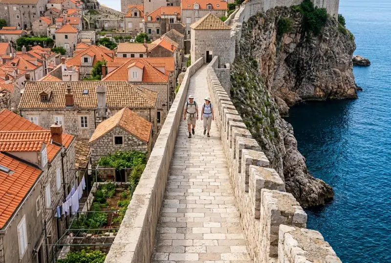 Two walkers on the top of the Dubrovnik city walls, between red roofs and the sea