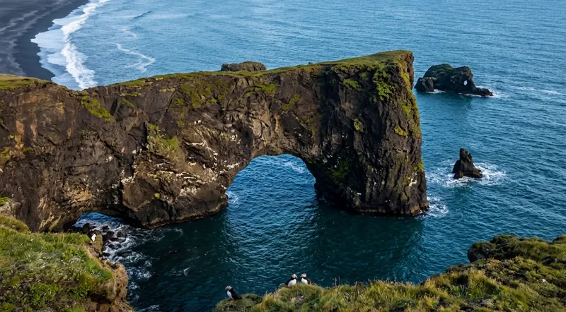 The great sea arch of Dyrhólaey on the south coast of Iceland, with puffins in front