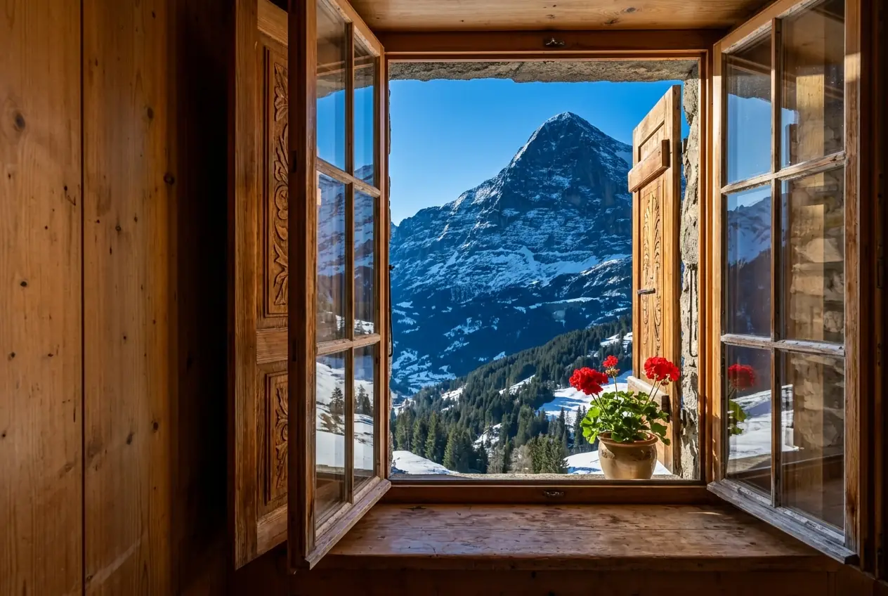 A chalet window with red geraniums framing the snowy north face of the Eiger