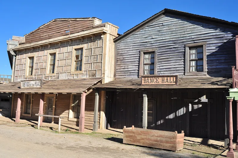 Wooden saloon fronts on the main street of the Fort Bravo western set near Tabernas