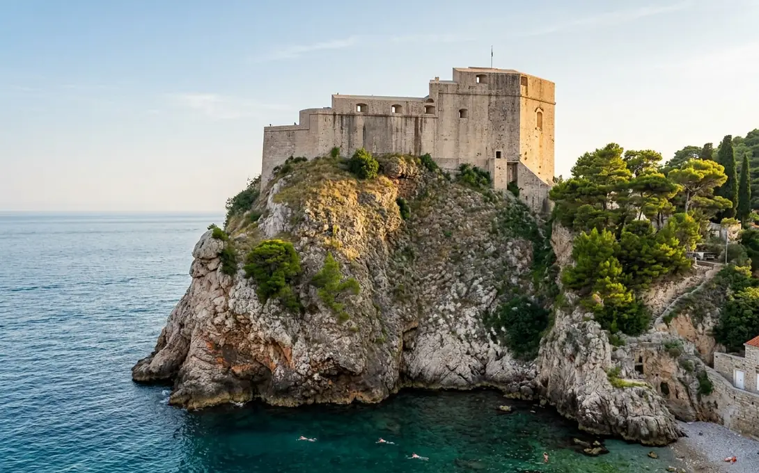 Fort Lovrijenac on its sheer rock above the turquoise sea outside the walls of Dubrovnik