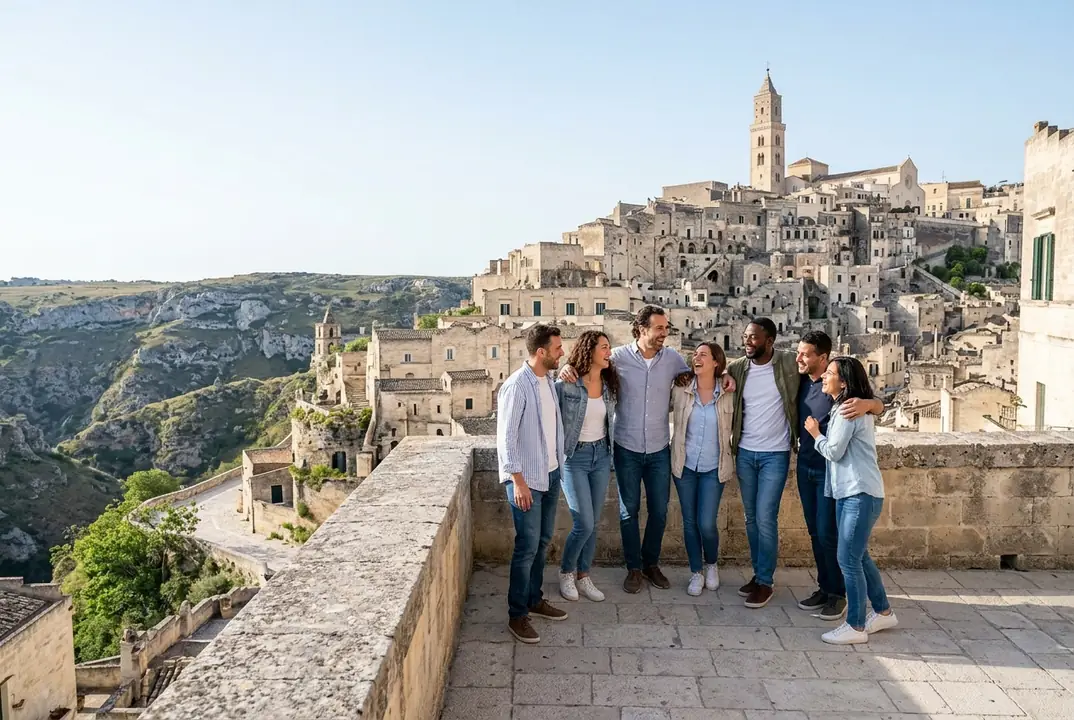 Seven friends laughing together on a stone terrace above the cave houses of Matera
