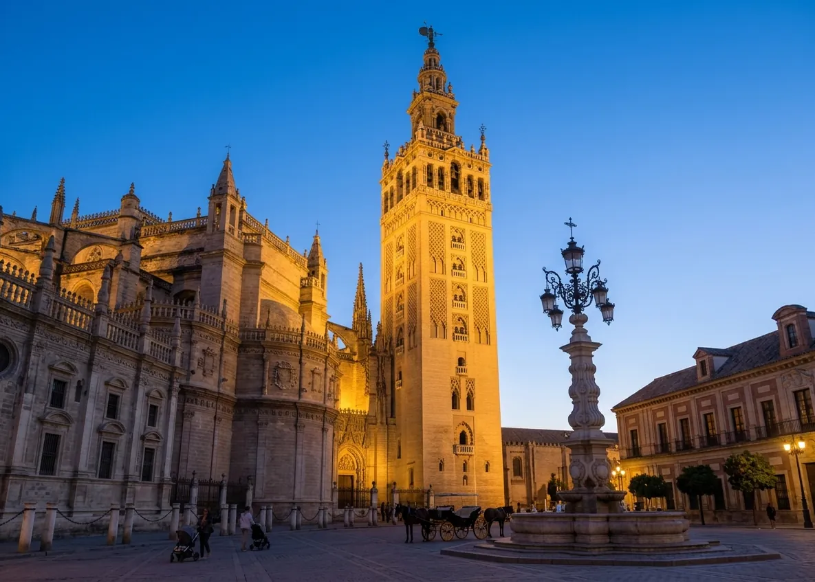 The Giralda tower and Seville Cathedral lit at dusk above the Plaza Virgen de los Reyes