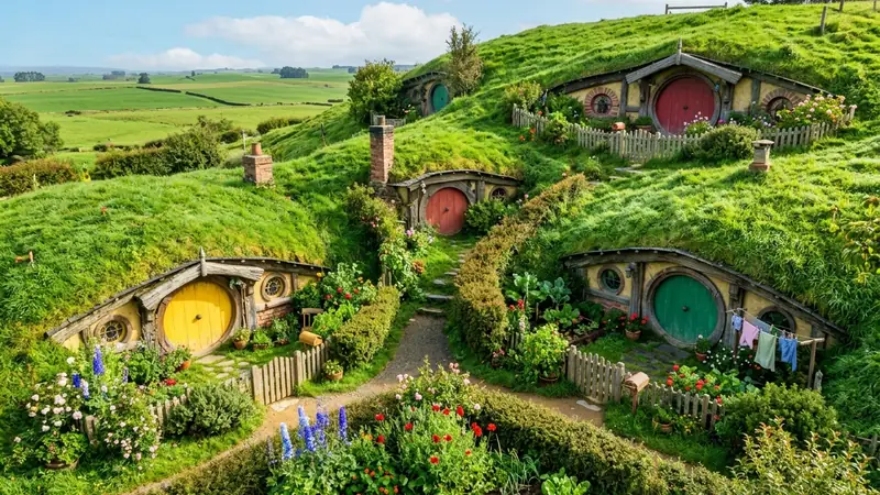 Hobbit holes with round yellow, red and green doors at the Hobbiton Movie Set