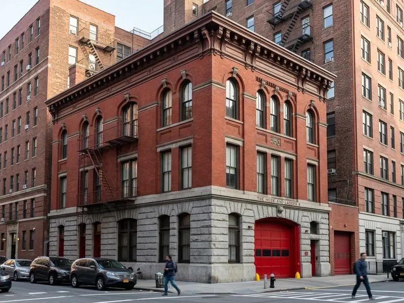 The red brick Hook and Ladder 8 firehouse on a corner in Tribeca, New York