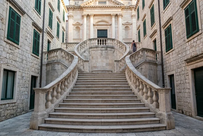 The baroque Jesuit Staircase in Dubrovnik curving up toward the Church of St Ignatius