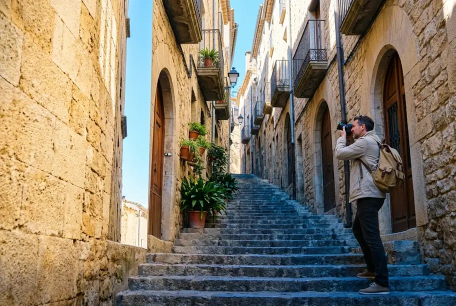 A man with a backpack photographing a steep stepped lane in the Jewish quarter of Girona