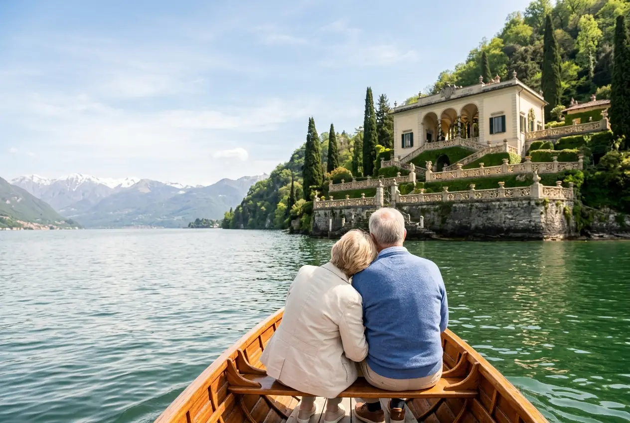 An older couple in a wooden boat on Lake Como, gliding toward Villa del Balbianello