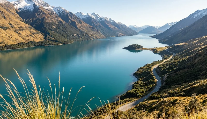 Lake Wakatipu and the winding Glenorchy road below snow-capped mountains, with tussock grass in the foreground