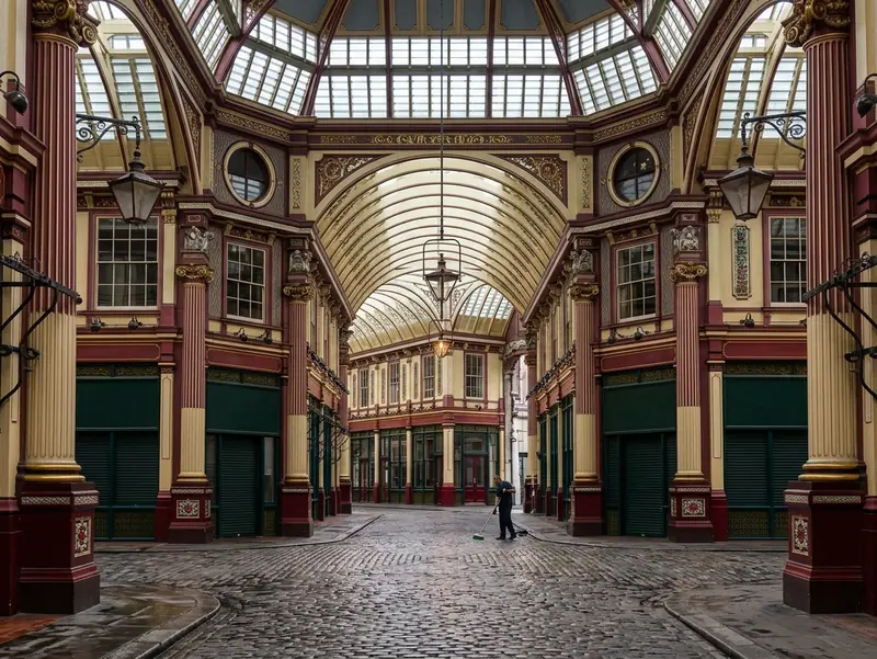 The cobbled lane of Leadenhall Market in the City of London under its painted glass roof