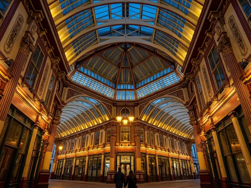 The painted ironwork and glass roof of Leadenhall Market in London, its lanterns lit at dusk