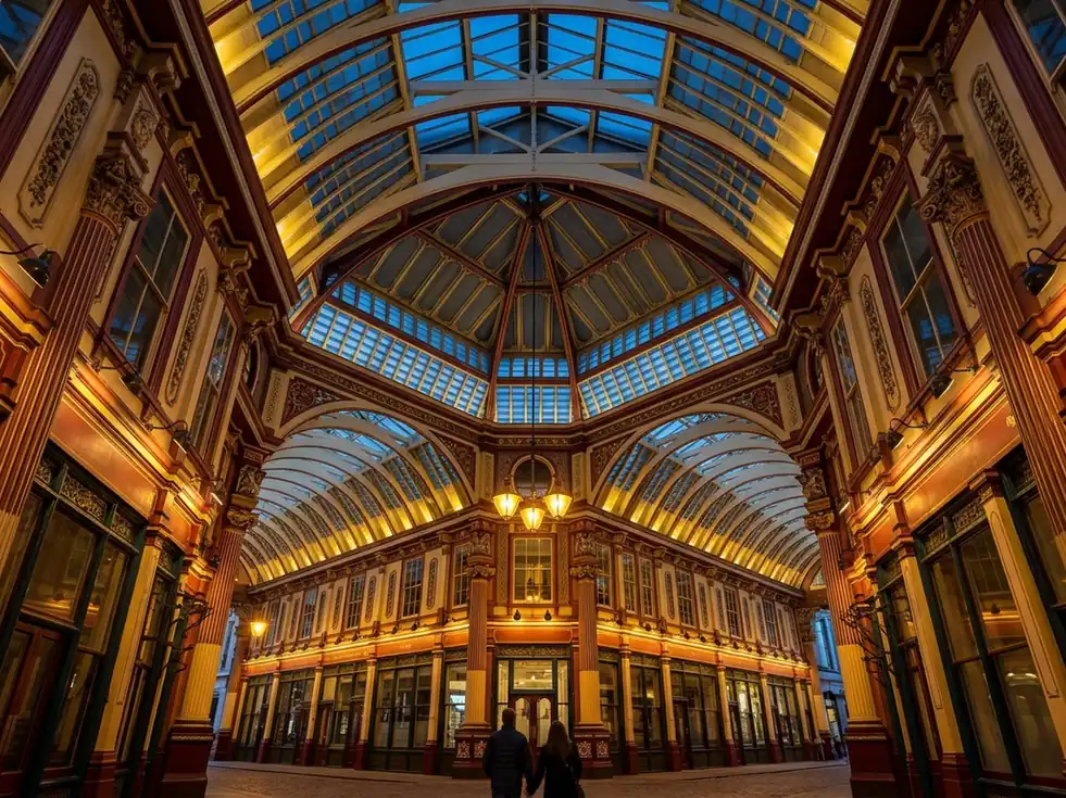 The painted ironwork and glass roof of Leadenhall Market in London, its lanterns lit at dusk