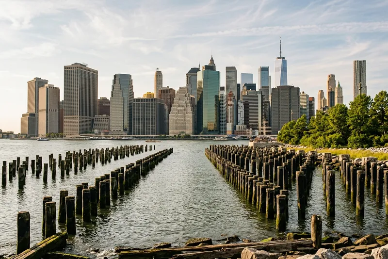 Lower Manhattan skyline across the East River, seen past old pier pilings at Brooklyn Bridge Park
