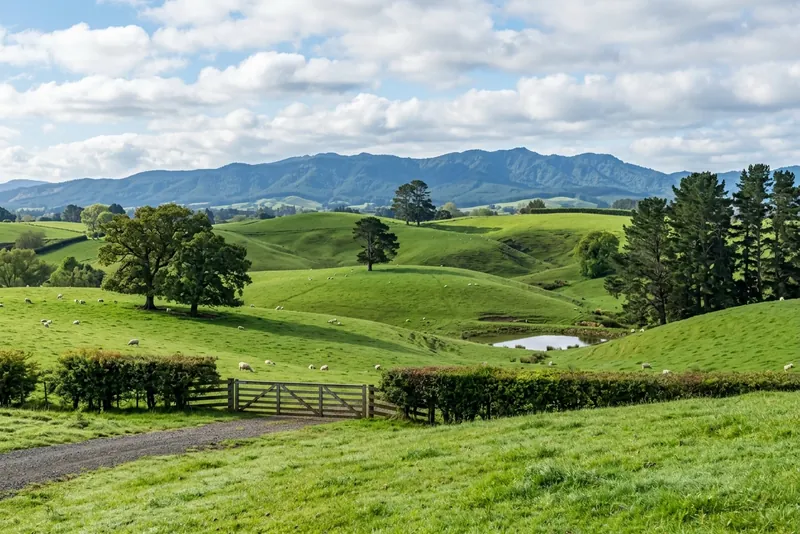 Rolling green sheep pasture near Matamata with a farm gate and the Kaimai Range beyond