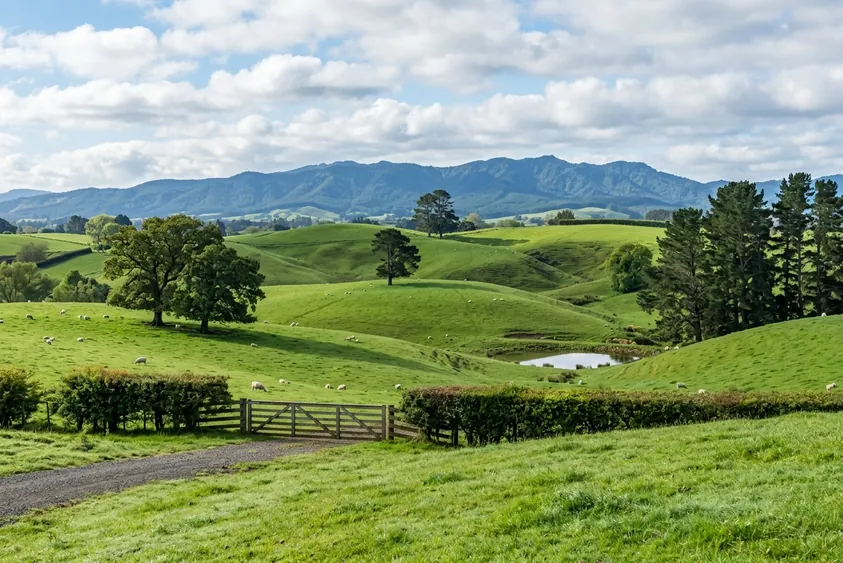 Rolling green sheep pasture near Matamata with a farm gate and the Kaimai Range beyond