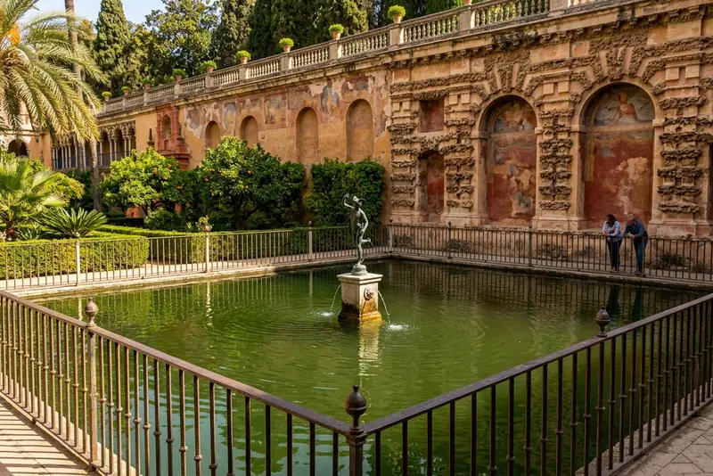 The Mercury pool and painted Grotesque Gallery in the gardens of the Real Alcázar of Seville