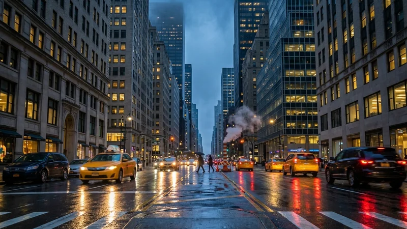 Yellow taxis on a wet Midtown Manhattan avenue at dusk, with steam rising from the street