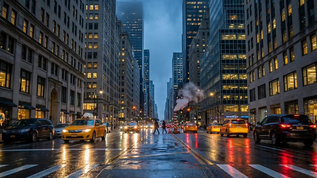 Yellow taxis on a wet Midtown Manhattan avenue at dusk, with steam rising from the street