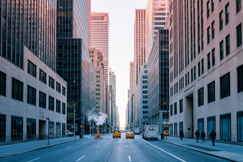 Tall office towers along a quiet Midtown Manhattan avenue at sunrise, with yellow taxis