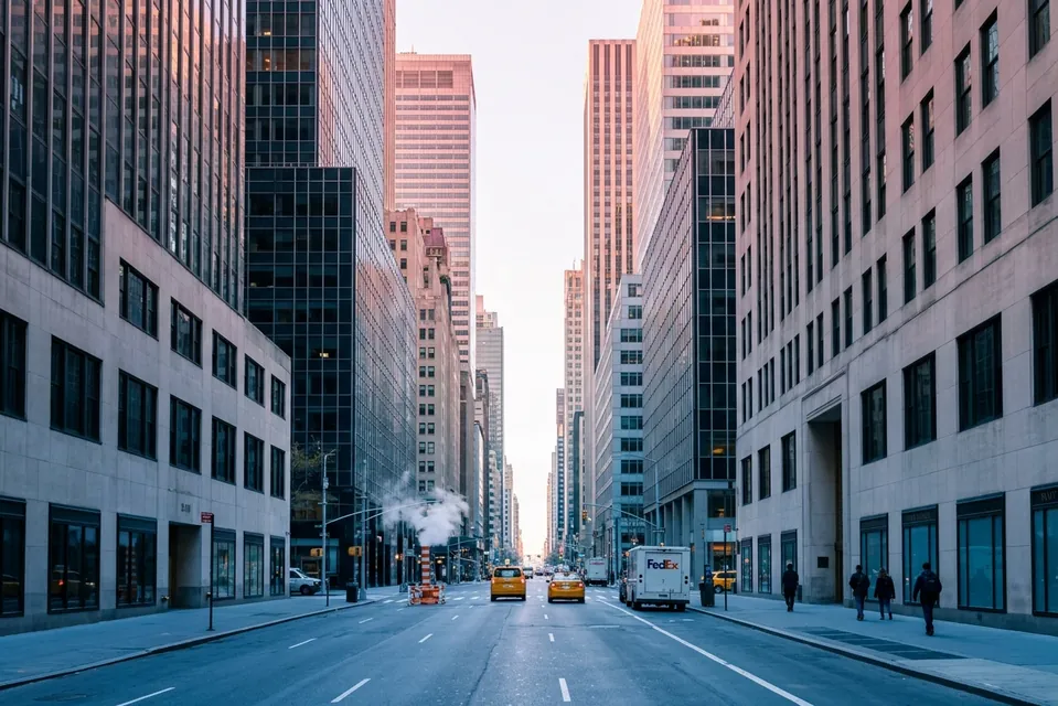 Tall office towers along a quiet Midtown Manhattan avenue at sunrise, with yellow taxis