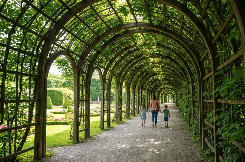 A mother and two children walking through the green arbor tunnel in the Mirabell Gardens
