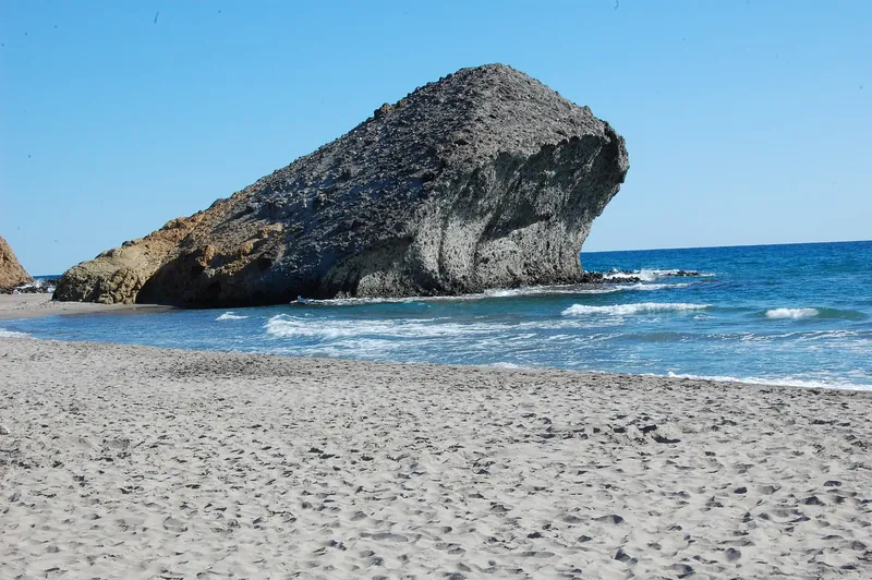 The mushroom-shaped volcanic rock on Mónsul beach in the Cabo de Gata natural park
