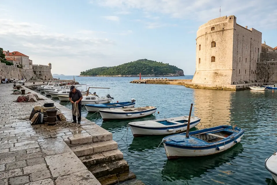 A fisherman coiling rope beside wooden boats in the Old Port of Dubrovnik