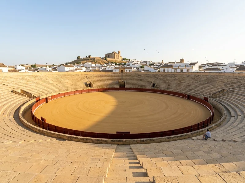 The empty sandstone stands and sand ring of the Osuna bullring, with the white town behind