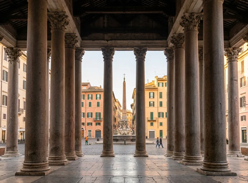 Looking out from the Pantheon portico columns to the obelisk fountain on Piazza della Rotonda