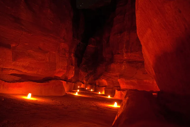 Candles lining the Siq at night during Petra by Night