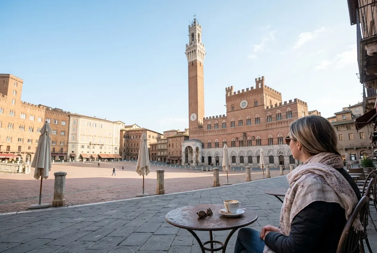 A woman with a cappuccino at a cafe table on the Piazza del Campo in Siena