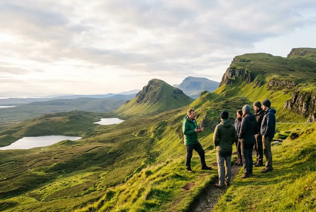A tour leader talking to a small group of hikers on the Quiraing, Skye