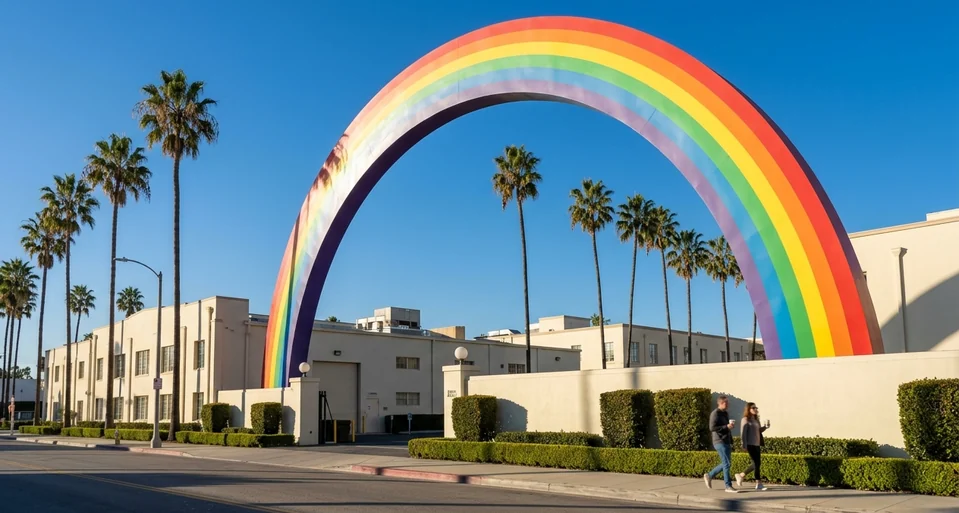 A giant rainbow arch sculpture over a film studio lot in Culver City, Los Angeles