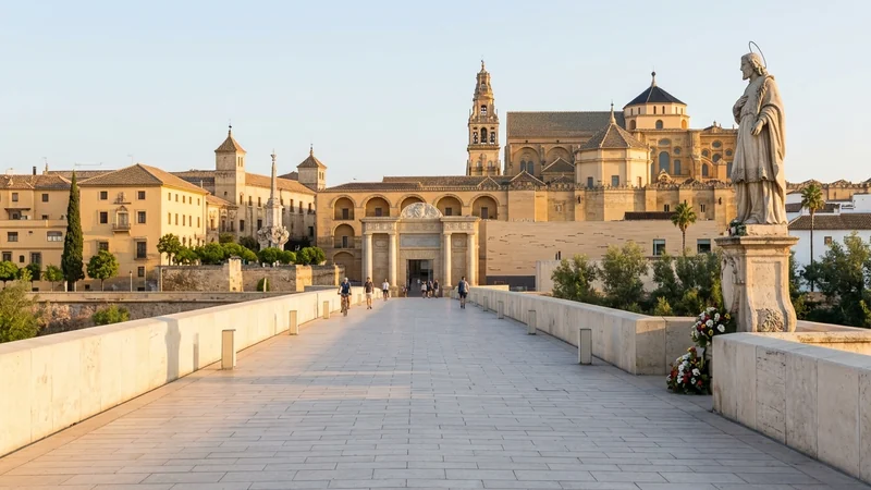 The Roman bridge of Córdoba leading to the old city gate and the Mezquita bell tower