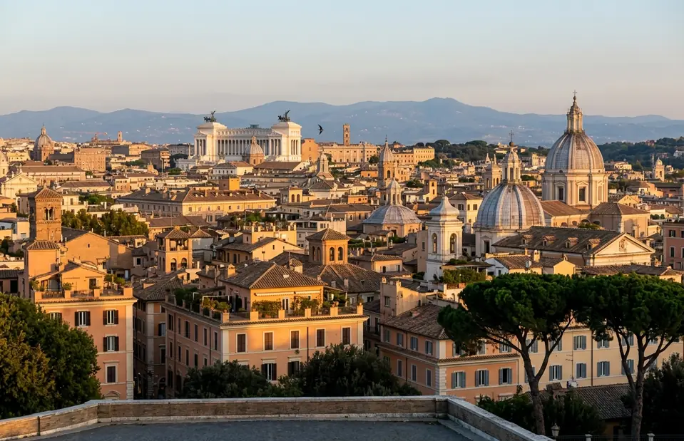 Domes and rooftops of central Rome in evening light, with the white Vittoriano monument