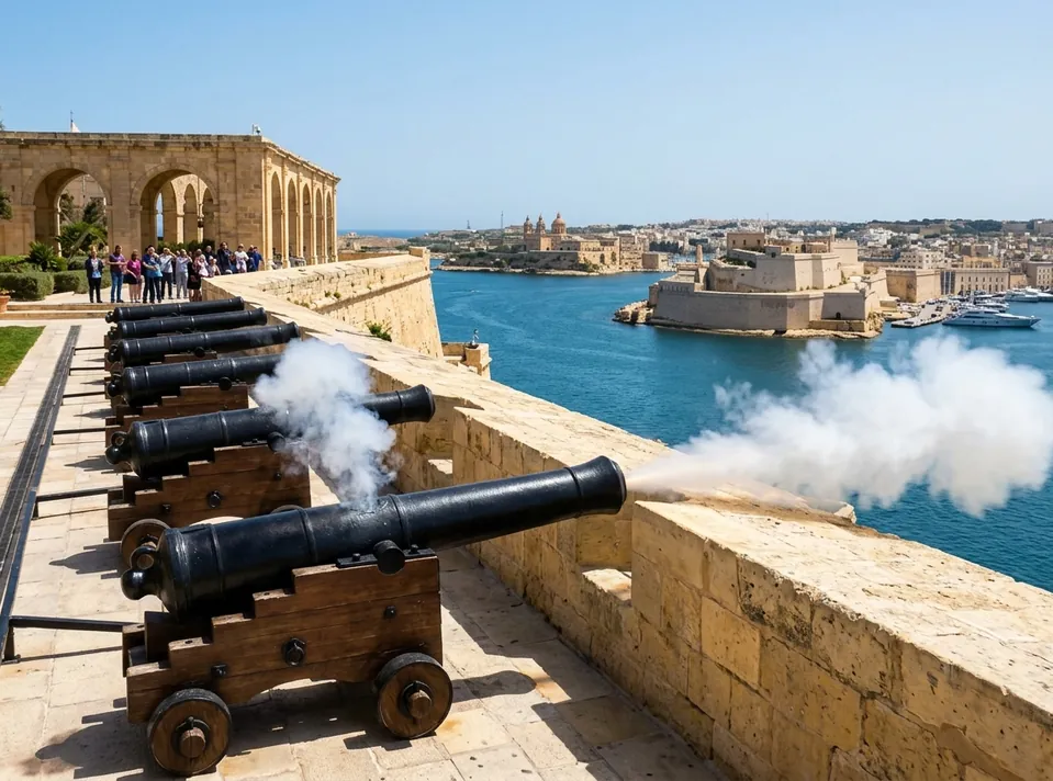 Black cannons firing from the Saluting Battery in Valletta over the Grand Harbour