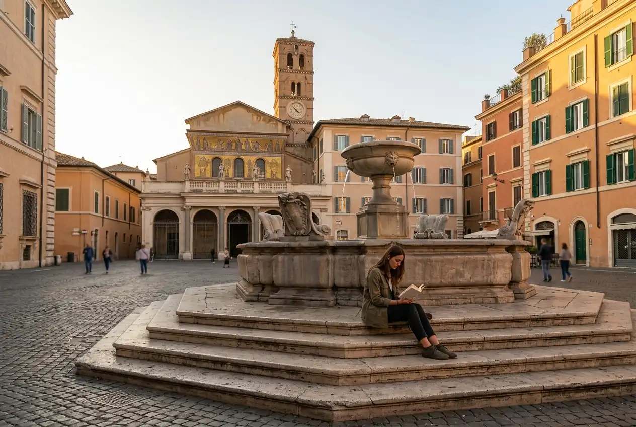 A young woman reading on the fountain steps in Piazza di Santa Maria in Trastevere, Rome