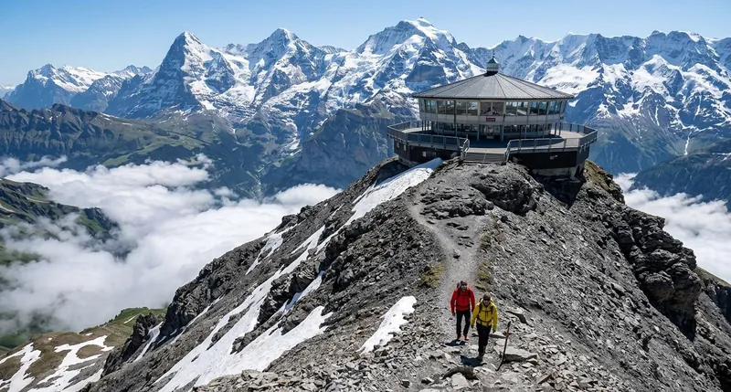 Two hikers on the rocky ridge to the Schilthorn summit building above the clouds