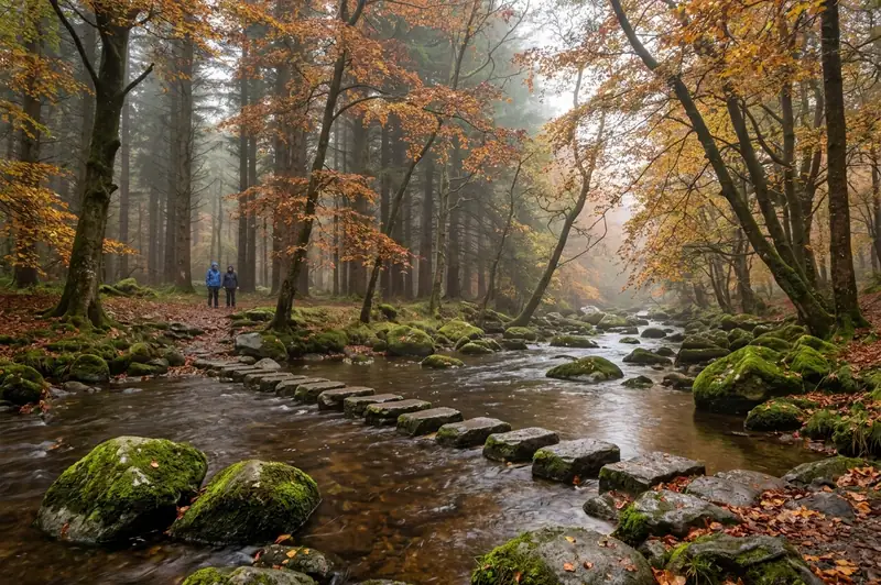 Stepping stones across the Shimna River in Tollymore Forest Park, Northern Ireland, under misty autumn beeches